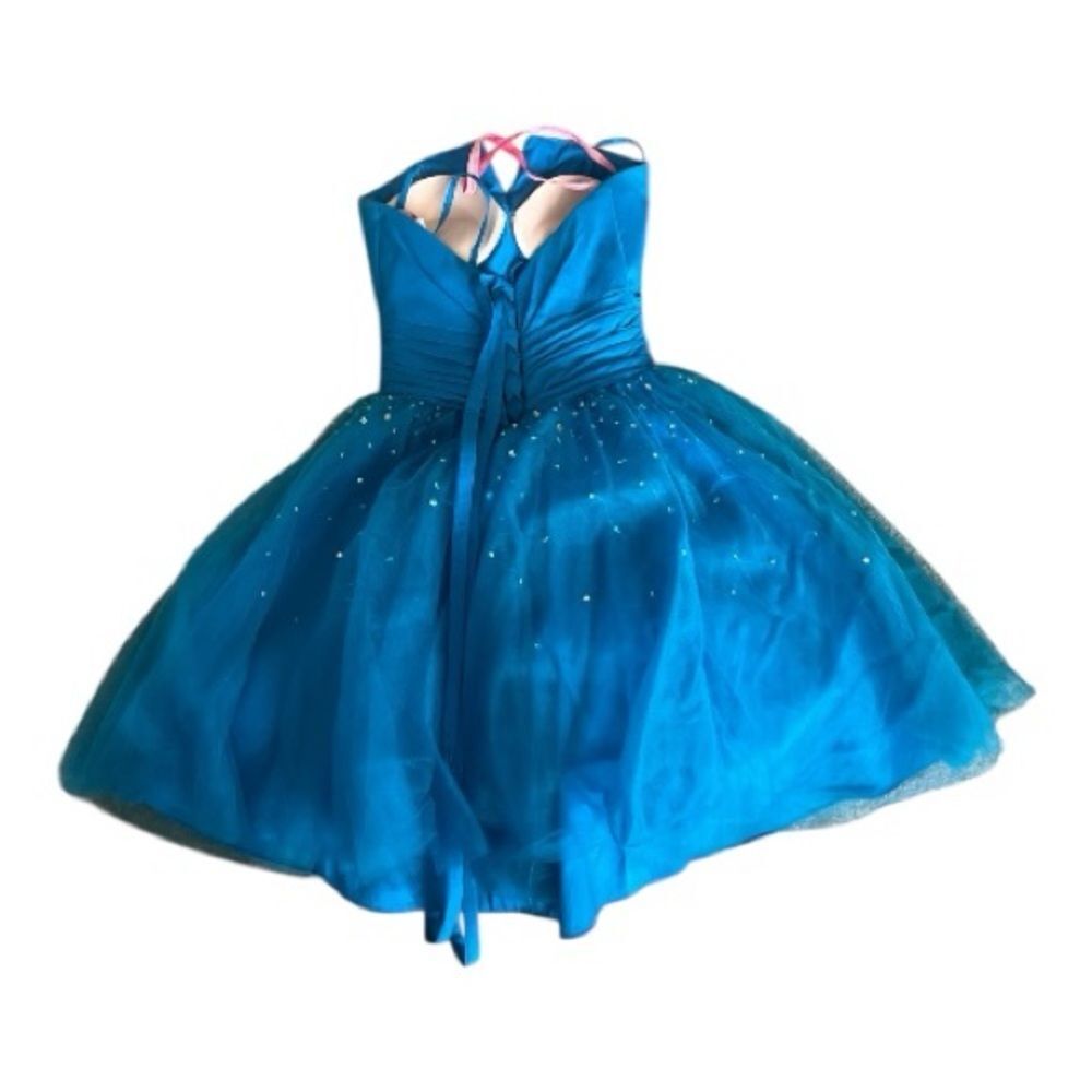 Maggie Sottero Teal Blue Tulle Party Dress with Floral Waist - Picture 4 of 10